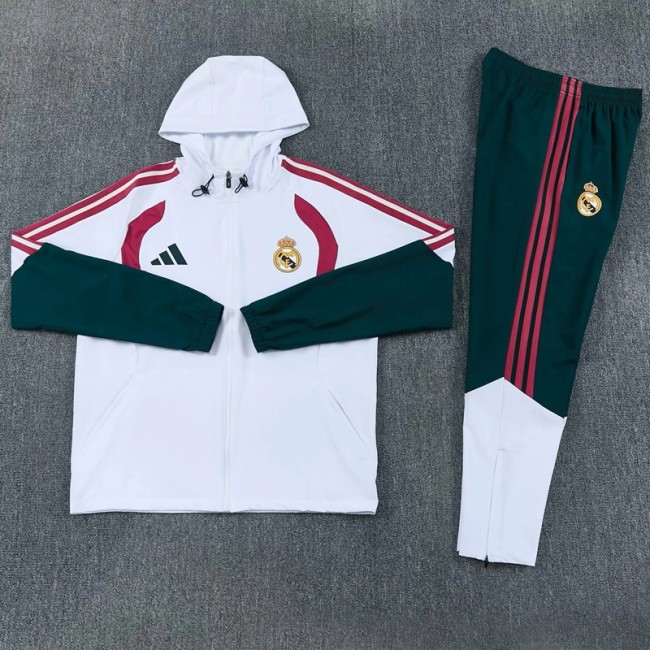 26/27 Real Madrid Hooded Windbreaker Adult Tracksuit White / Dark Green