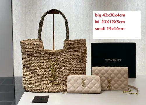 Straw raffia leather bag 3 pieces for set ,3A , size 43x30x4cm and  23X12X5cm and 19x10cm ,no box,  B75-2983