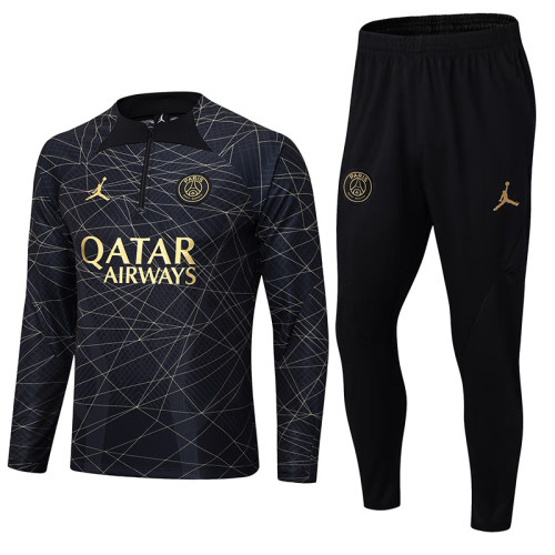 2023 PSG Jordan Black Half Pull Tracksuit (半拉链) (黑金条纹）