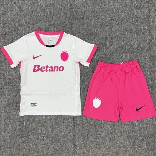 25-26 Sporting Lisbon White Pink Kids Soccer Jersey