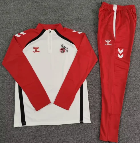 2025-26 Koln White Red Half Pull Tracksuit (Pants Have Pocket)(半拉链)