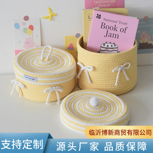 Cute Storage Basket with Cover Cotton Rope Storage Basket Cotton Thread Desktop Cosmetics Toys Storage Basket