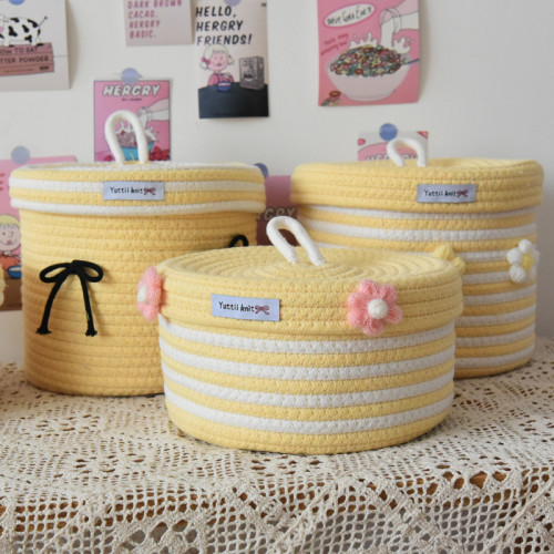 Cute Storage Basket with Cover Cotton Rope Storage Basket Cotton Thread Desktop Cosmetics Toys Storage Basket