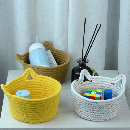 Cat Ear Design Desktop Storage Basket Hand-woven Cartoon Storage Basket Living Room Key Cotton Rope Storage Basket Storage Basket