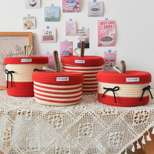 Cute Storage Basket with Cover Cotton Rope Storage Basket Cotton Thread Desktop Cosmetics Toys Storage Basket