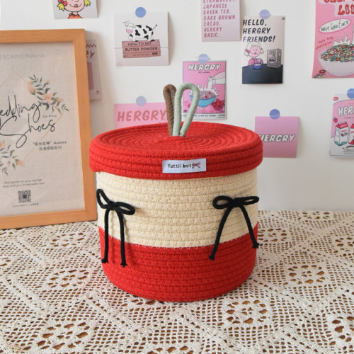 Cute Storage Basket with Cover Cotton Rope Storage Basket Cotton Thread Desktop Cosmetics Toys Storage Basket