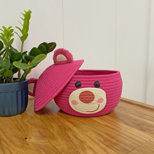 Strawberry Bear with Cover Dustproof Storage Basket Cotton Rope Hand-woven Storage Basket Desktop Storage Basket