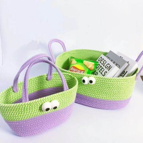 Cartoon Image Desktop Storage Basket Woven Hand Bag Cotton Thread Storage Basket With Handle