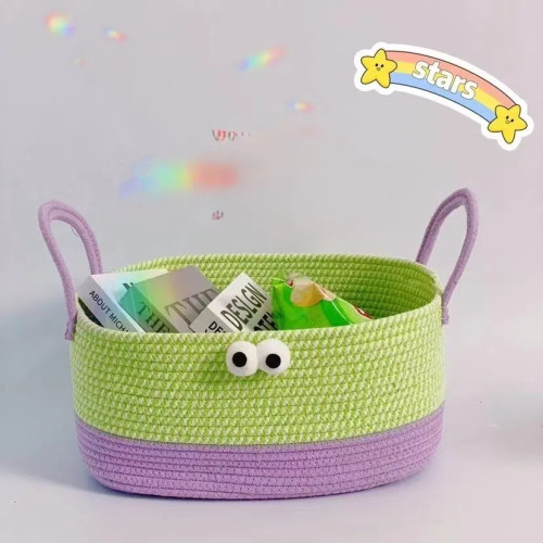 Cartoon Image Desktop Storage Basket Woven Hand Bag Cotton Thread Storage Basket With Handle