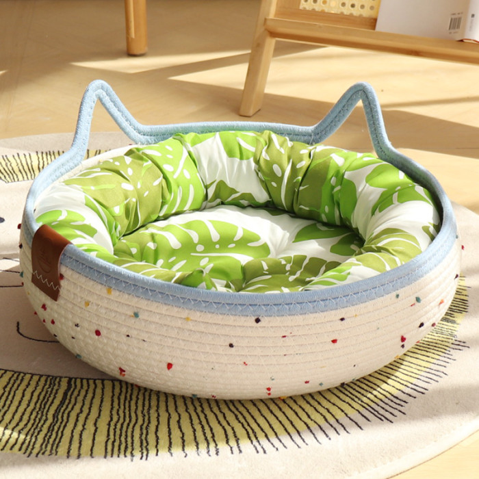 Cat Basket Bed, Cotton Rope Woven Cat Bed for Indoor Cats and Kittens, Round Kitten Beds for Summer with Removable Cushion and Scratching Post, Washable