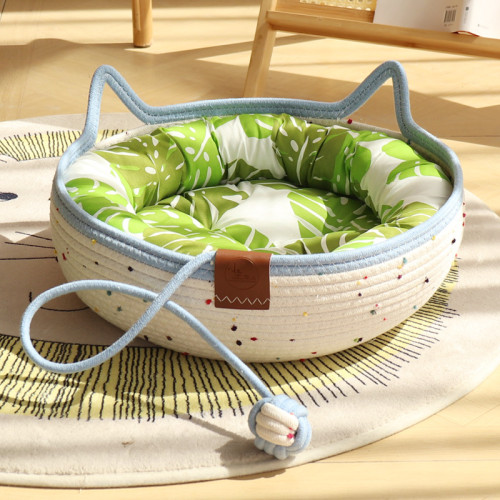 Cat Basket Bed, Cotton Rope Woven Cat Bed for Indoor Cats and Kittens, Round Kitten Beds for Summer with Removable Cushion and Scratching Post, Washable