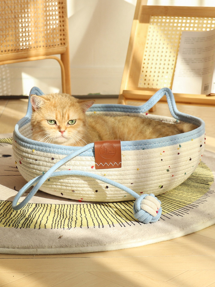 Cat Basket Bed, Cotton Rope Woven Cat Bed for Indoor Cats and Kittens, Round Kitten Beds for Summer with Removable Cushion and Scratching Post, Washable