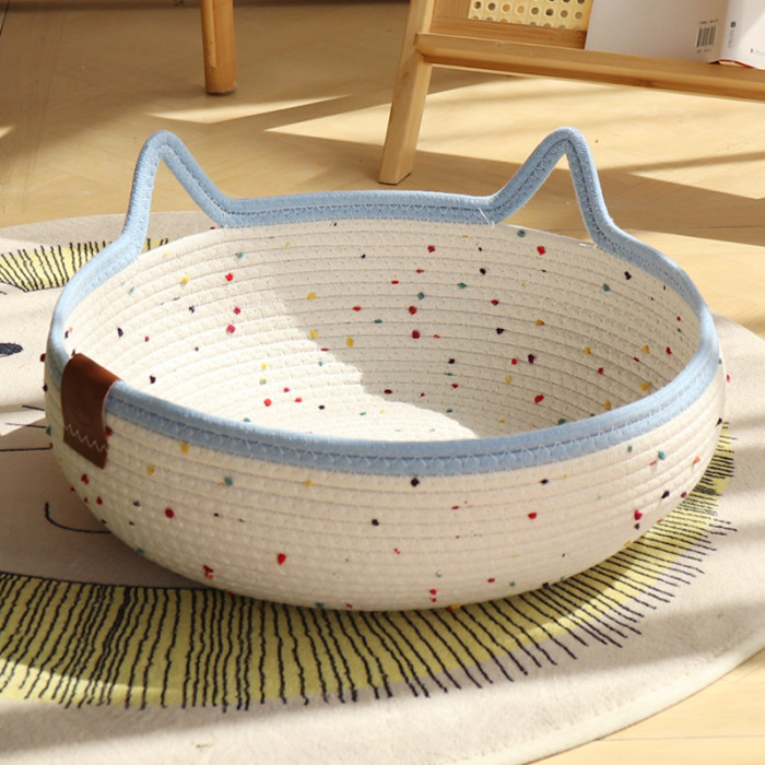 Cat Basket Bed, Cotton Rope Woven Cat Bed for Indoor Cats and Kittens, Round Kitten Beds for Summer with Removable Cushion and Scratching Post, Washable