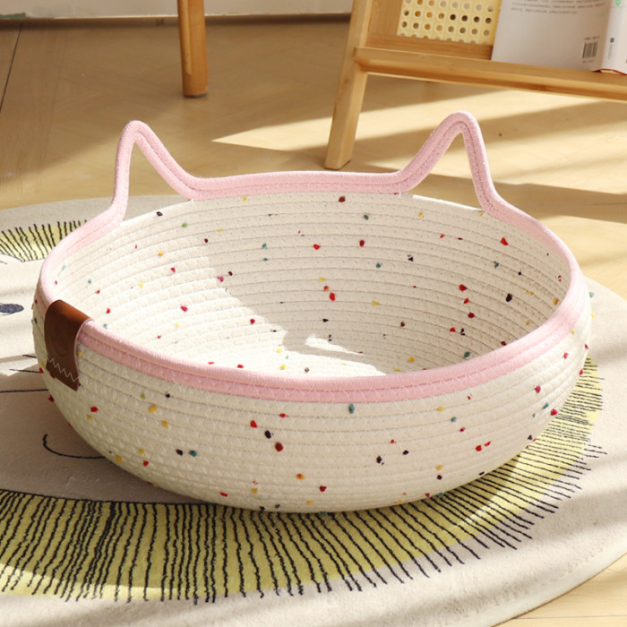 Cat Basket Bed, Cotton Rope Woven Cat Bed for Indoor Cats and Kittens, Round Kitten Beds for Summer with Removable Cushion and Scratching Post, Washable