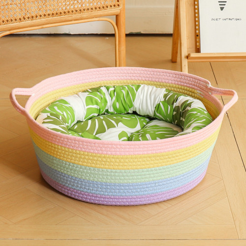 Cotton Rope Woven Basket Cat Nest Integrated Cat Scratch Board Rainbow Pet Bed Washable