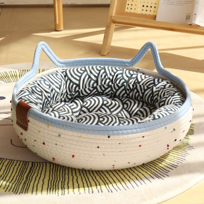 Cat Basket Bed, Cotton Rope Woven Cat Bed for Indoor Cats and Kittens, Round Kitten Beds for Summer with Removable Cushion and Scratching Post, Washable