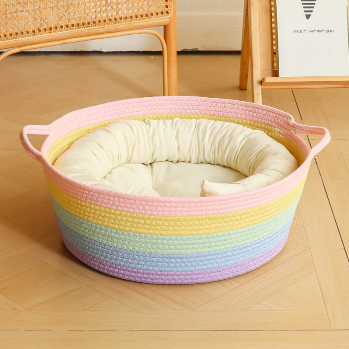 Cotton Rope Woven Basket Cat Nest Integrated Cat Scratch Board Rainbow Pet Bed Washable