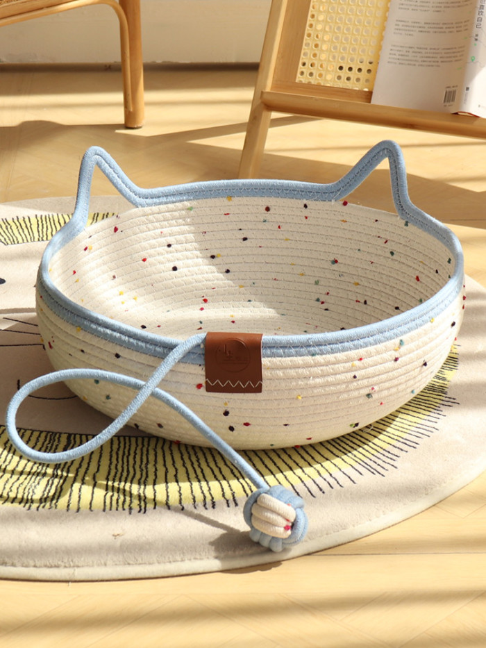 Cat Basket Bed, Cotton Rope Woven Cat Bed for Indoor Cats and Kittens, Round Kitten Beds for Summer with Removable Cushion and Scratching Post, Washable