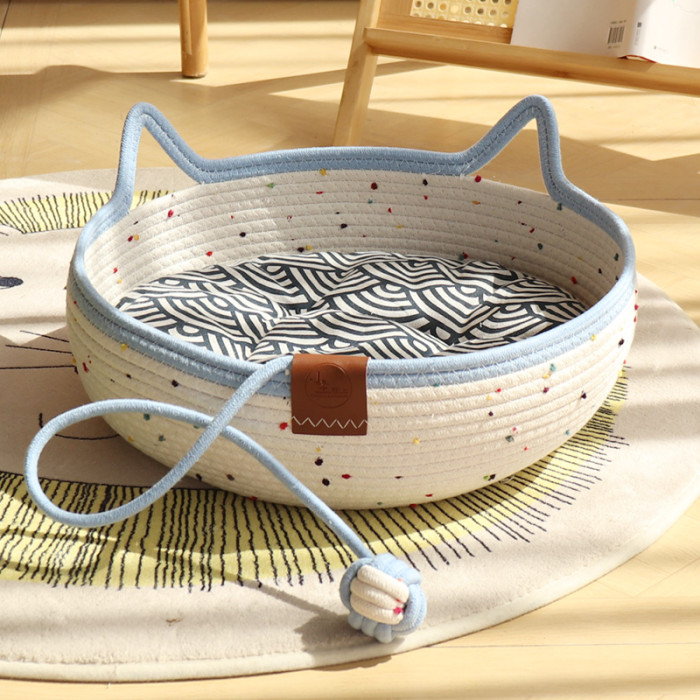 Cat Basket Bed, Cotton Rope Woven Cat Bed for Indoor Cats and Kittens, Round Kitten Beds for Summer with Removable Cushion and Scratching Post, Washable