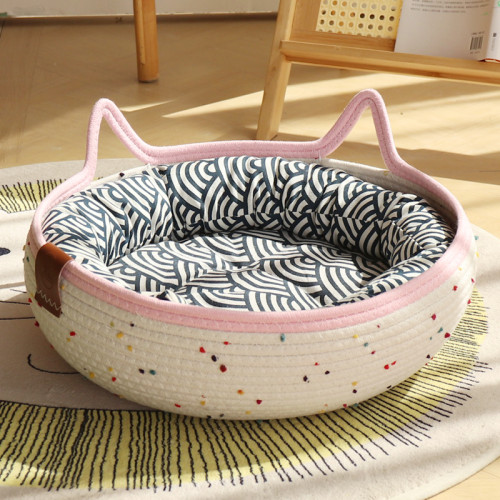 Cat Basket Bed, Cotton Rope Woven Cat Bed for Indoor Cats and Kittens, Round Kitten Beds for Summer with Removable Cushion and Scratching Post, Washable