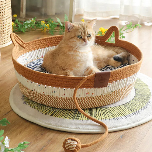 Cotton Rope Woven Basket Cat Nests Washable Sleeping Pet Bed