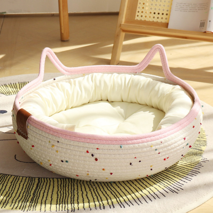 Cat Basket Bed, Cotton Rope Woven Cat Bed for Indoor Cats and Kittens, Round Kitten Beds for Summer with Removable Cushion and Scratching Post, Washable