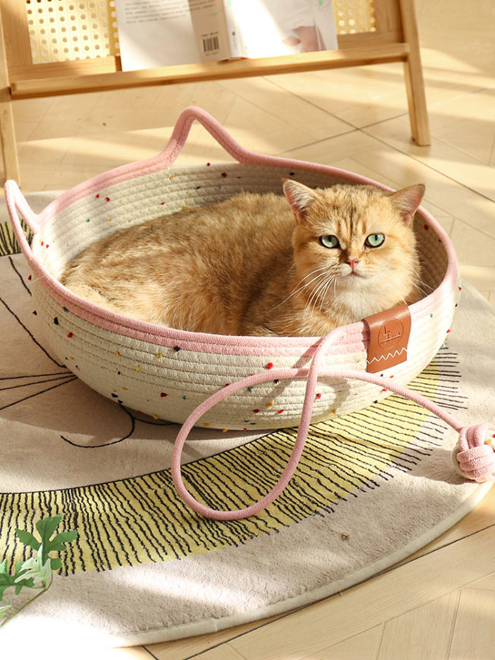 Cat Basket Bed, Cotton Rope Woven Cat Bed for Indoor Cats and Kittens, Round Kitten Beds for Summer with Removable Cushion and Scratching Post, Washable