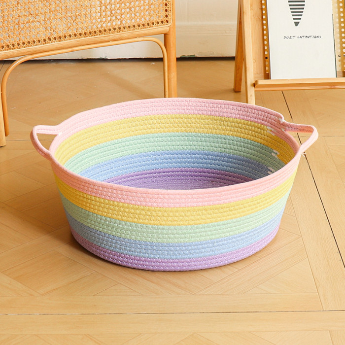 Cotton Rope Woven Basket Cat Nest Integrated Cat Scratch Board Rainbow Pet Bed Washable
