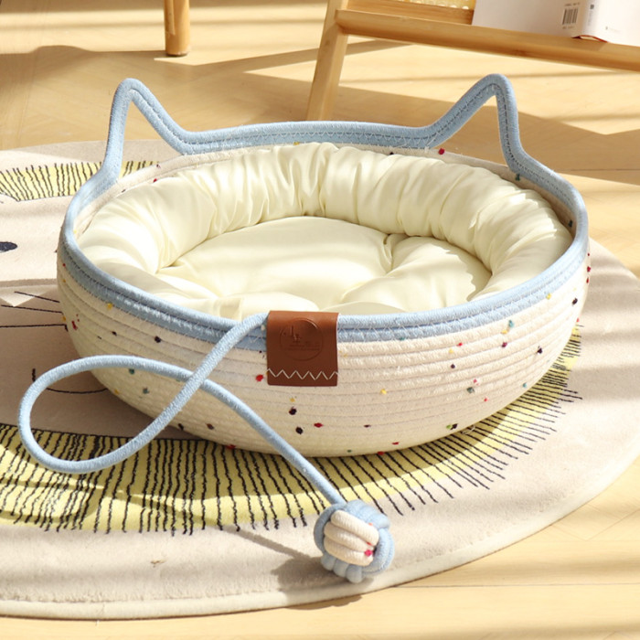 Cat Basket Bed, Cotton Rope Woven Cat Bed for Indoor Cats and Kittens, Round Kitten Beds for Summer with Removable Cushion and Scratching Post, Washable
