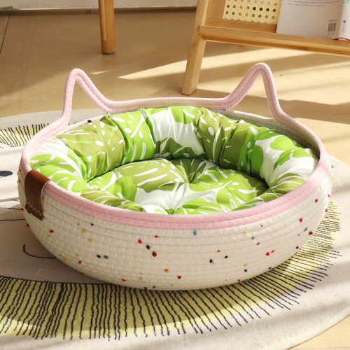 Cat Basket Bed, Cotton Rope Woven Cat Bed for Indoor Cats and Kittens, Round Kitten Beds for Summer with Removable Cushion and Scratching Post, Washable