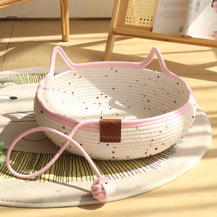 Cat Basket Bed, Cotton Rope Woven Cat Bed for Indoor Cats and Kittens, Round Kitten Beds for Summer with Removable Cushion and Scratching Post, Washable