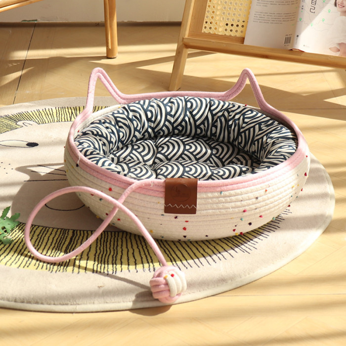 Cat Basket Bed, Cotton Rope Woven Cat Bed for Indoor Cats and Kittens, Round Kitten Beds for Summer with Removable Cushion and Scratching Post, Washable