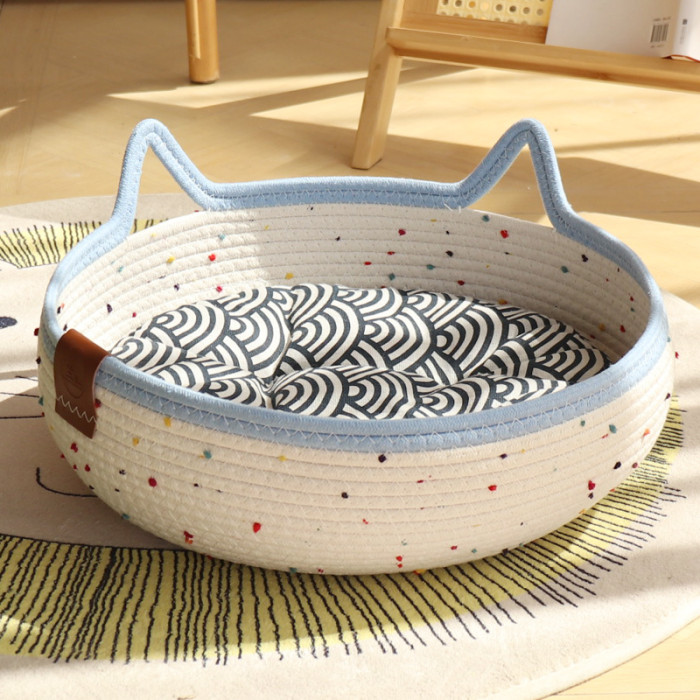 Cat Basket Bed, Cotton Rope Woven Cat Bed for Indoor Cats and Kittens, Round Kitten Beds for Summer with Removable Cushion and Scratching Post, Washable