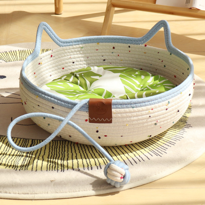 Cat Basket Bed, Cotton Rope Woven Cat Bed for Indoor Cats and Kittens, Round Kitten Beds for Summer with Removable Cushion and Scratching Post, Washable