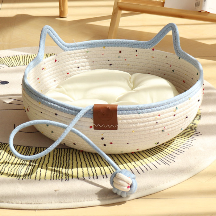 Cat Basket Bed, Cotton Rope Woven Cat Bed for Indoor Cats and Kittens, Round Kitten Beds for Summer with Removable Cushion and Scratching Post, Washable