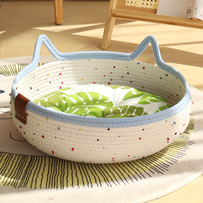 Cat Basket Bed, Cotton Rope Woven Cat Bed for Indoor Cats and Kittens, Round Kitten Beds for Summer with Removable Cushion and Scratching Post, Washable