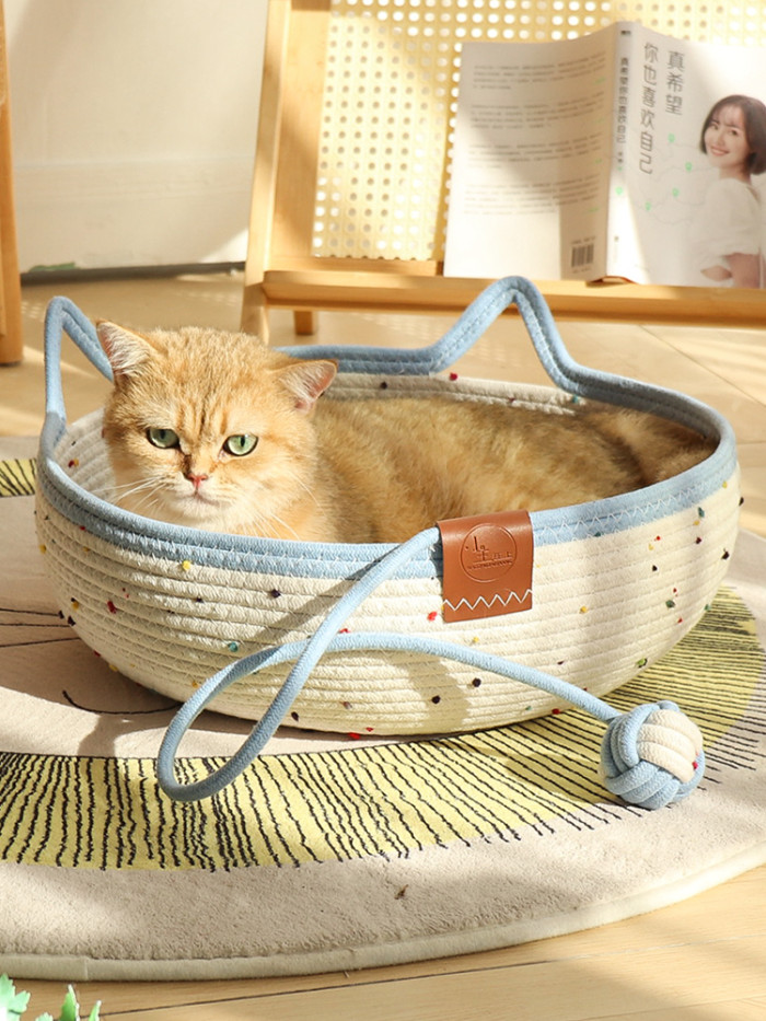 Cat Basket Bed, Cotton Rope Woven Cat Bed for Indoor Cats and Kittens, Round Kitten Beds for Summer with Removable Cushion and Scratching Post, Washable