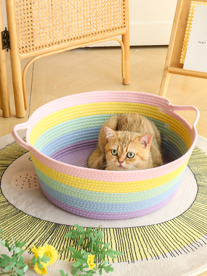 Cotton Rope Woven Basket Cat Nest Integrated Cat Scratch Board Rainbow Pet Bed Washable