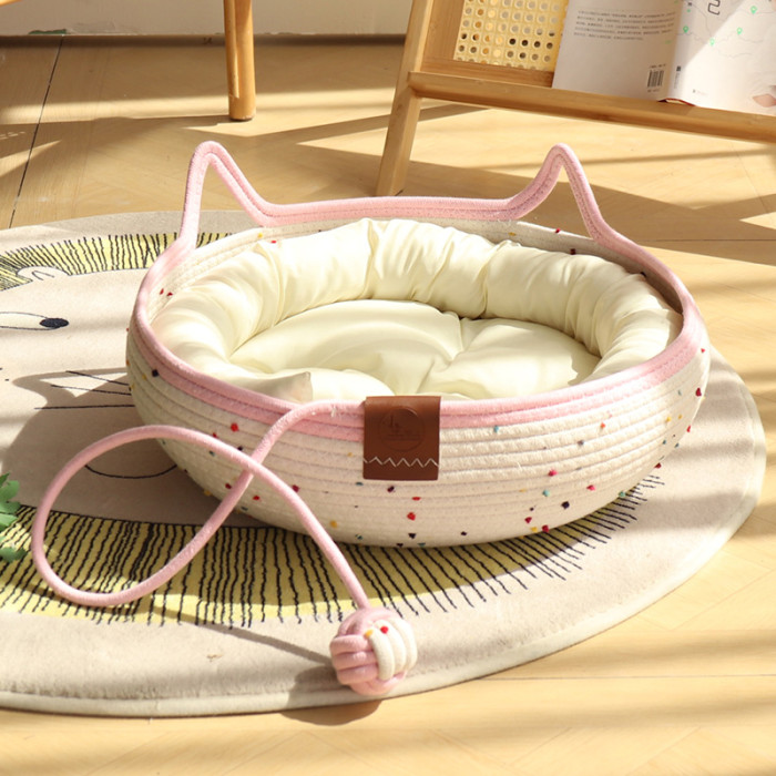Cat Basket Bed, Cotton Rope Woven Cat Bed for Indoor Cats and Kittens, Round Kitten Beds for Summer with Removable Cushion and Scratching Post, Washable