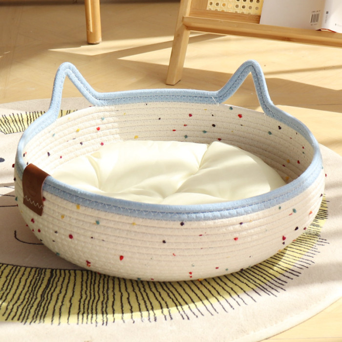 Cat Basket Bed, Cotton Rope Woven Cat Bed for Indoor Cats and Kittens, Round Kitten Beds for Summer with Removable Cushion and Scratching Post, Washable