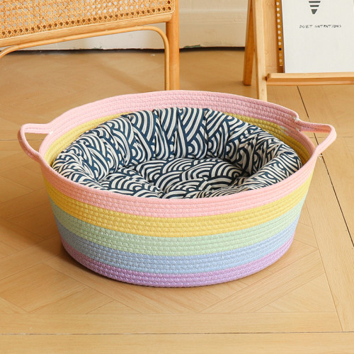Cotton Rope Woven Basket Cat Nest Integrated Cat Scratch Board Rainbow Pet Bed Washable