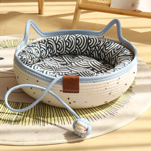 Cat Basket Bed, Cotton Rope Woven Cat Bed for Indoor Cats and Kittens, Round Kitten Beds for Summer with Removable Cushion and Scratching Post, Washable