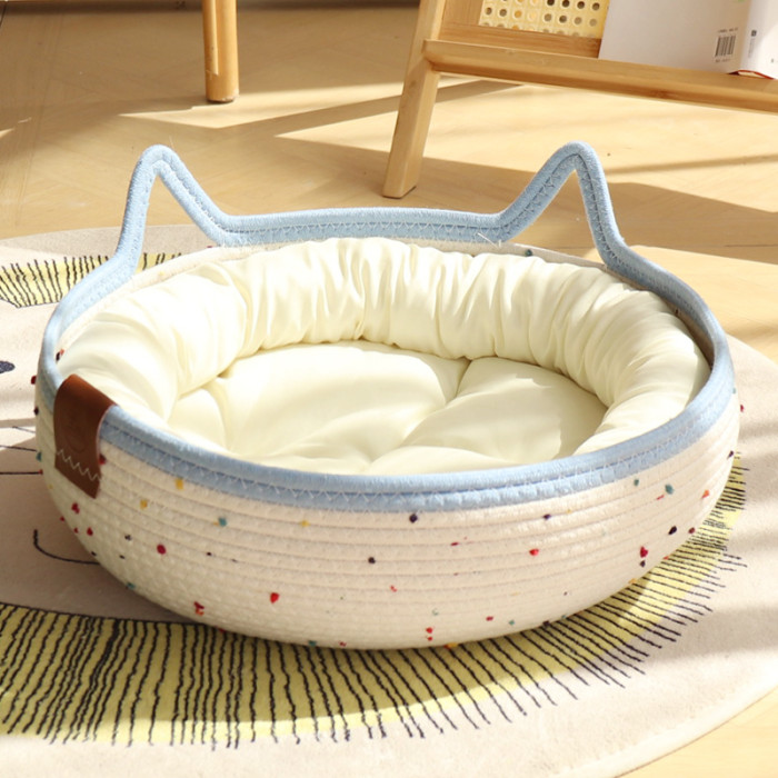 Cat Basket Bed, Cotton Rope Woven Cat Bed for Indoor Cats and Kittens, Round Kitten Beds for Summer with Removable Cushion and Scratching Post, Washable