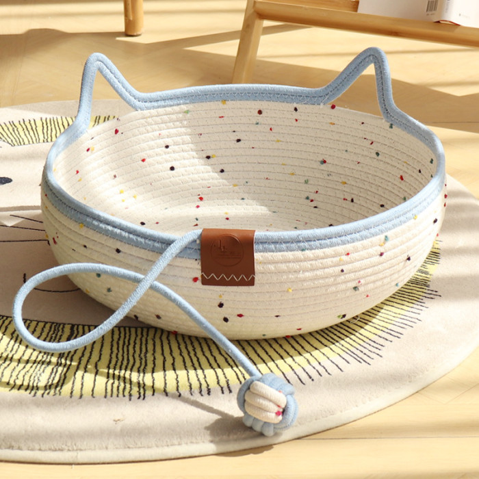 Cat Basket Bed, Cotton Rope Woven Cat Bed for Indoor Cats and Kittens, Round Kitten Beds for Summer with Removable Cushion and Scratching Post, Washable