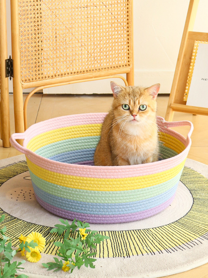 Cotton Rope Woven Basket Cat Nest Integrated Cat Scratch Board Rainbow Pet Bed Washable