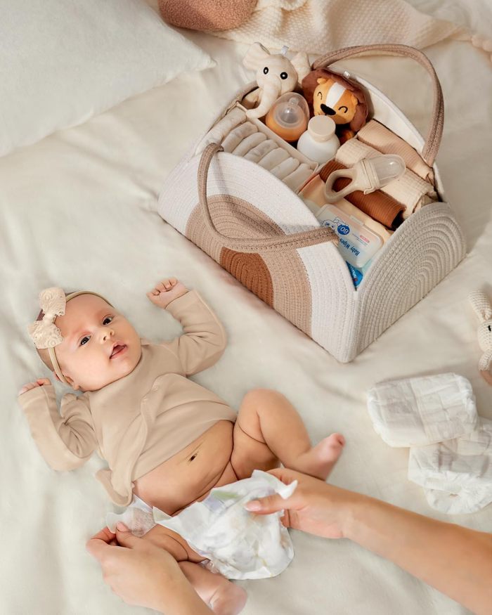 Baby Diaper Caddy Organizer Tote Rope Cotton Basket Bag