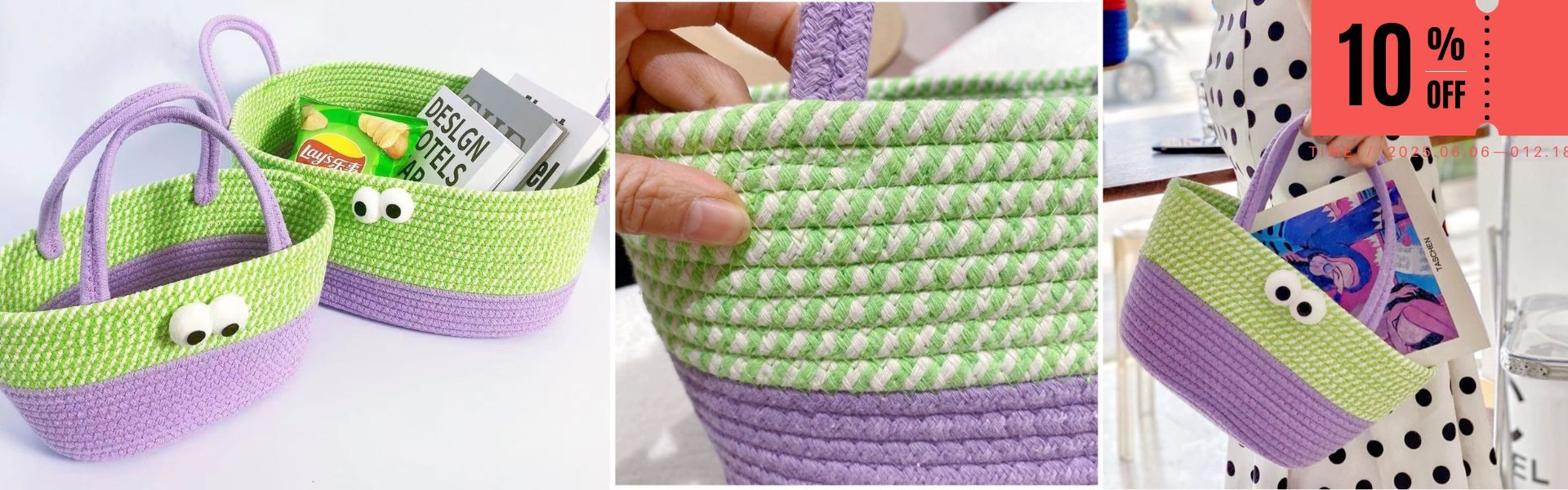 green-purple woven basket