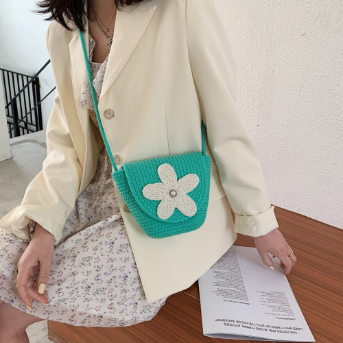 Cotton Rope Braided Flip Cover Obliquely Bag Pearl Flower Decoration