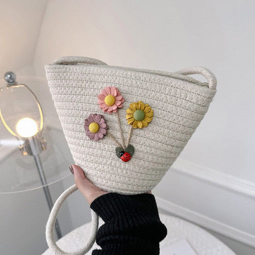 Mini Bucket Bag with Flower Decor One-shoulder Crossbody Bag Cotton Rope Braided Beach Vacation Women's Bag