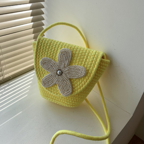 Cotton Rope Braided Flip Cover Obliquely Bag Pearl Flower Decoration
